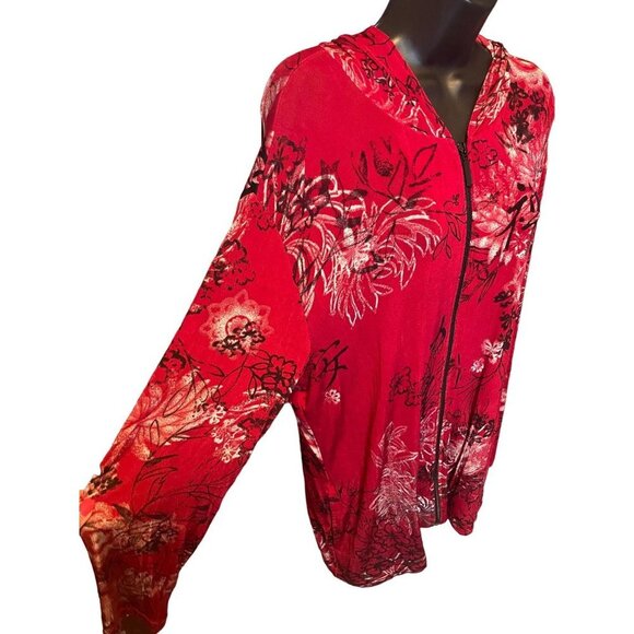 Chico’s Red Floral Asian Inspired Hooded Full Zip Jacket Sz XL - Picture 3 of 11